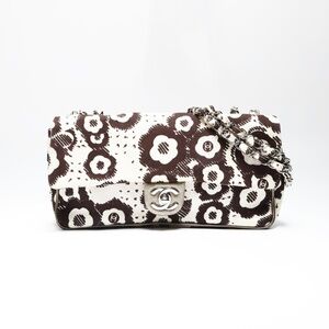 CHANEL 10 series 2005-2006 Canvas Camellia Flap Chain Shoulder Bag in Beige a...
